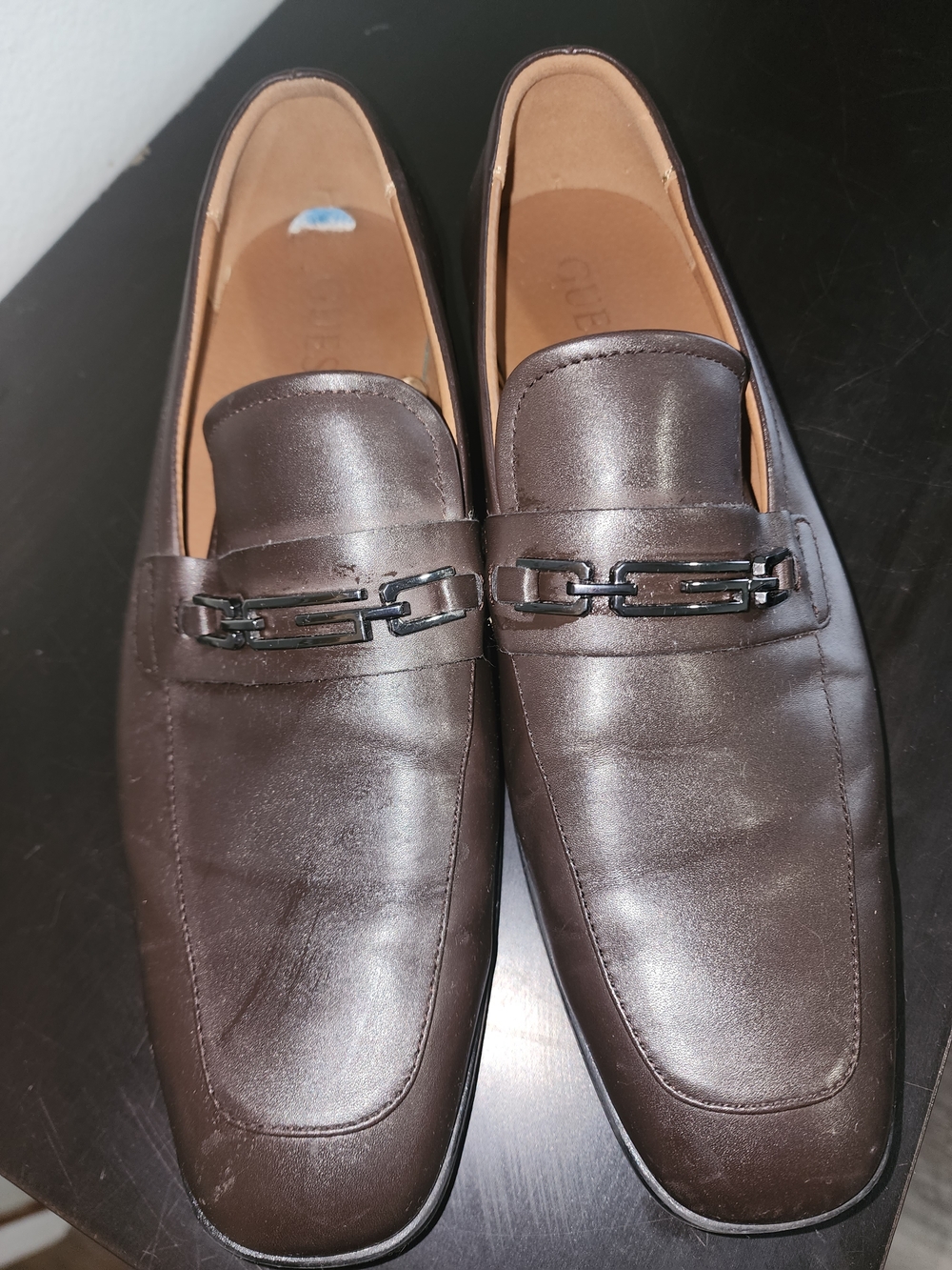 Guess Men's Dark Brown Leather Slip-On Loafers with Metal Bit